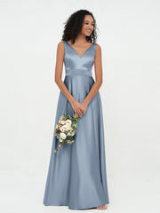 Prinzessin V-Ausschnitt Satin Maxi Kleider mit Taschen Staubiges Blau
