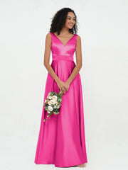 Prinzessin V-Ausschnitt Satin Maxi Kleider mit Taschen Fuchsia