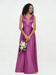 Prinzessin V-Ausschnitt Satin Maxi Kleider mit Taschen Orchidee