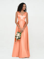 Prinzessin V-Ausschnitt Satin Maxi Kleider mit Taschen Papaya
