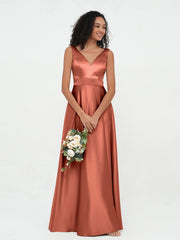 Prinzessin V-Ausschnitt Satin Maxi Kleider mit Taschen Rost