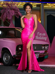 Plissee Oberteil Meerjungfrau Satin Kleid Heißes Rosa