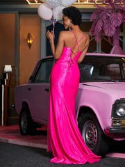 Plissee Oberteil Meerjungfrau Satin Kleid Heißes Rosa