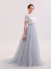 Zweiteiliger Brautkleid mit Halbe Ärmel Silber