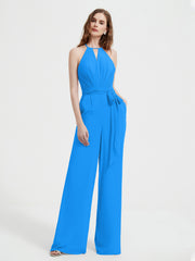 Halter Ausschnitt Ärmellos Jumpsuit mit Gürtel Meerblau