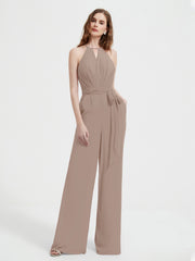 Halter Ausschnitt Ärmellos Jumpsuit mit Gürtel Taupe