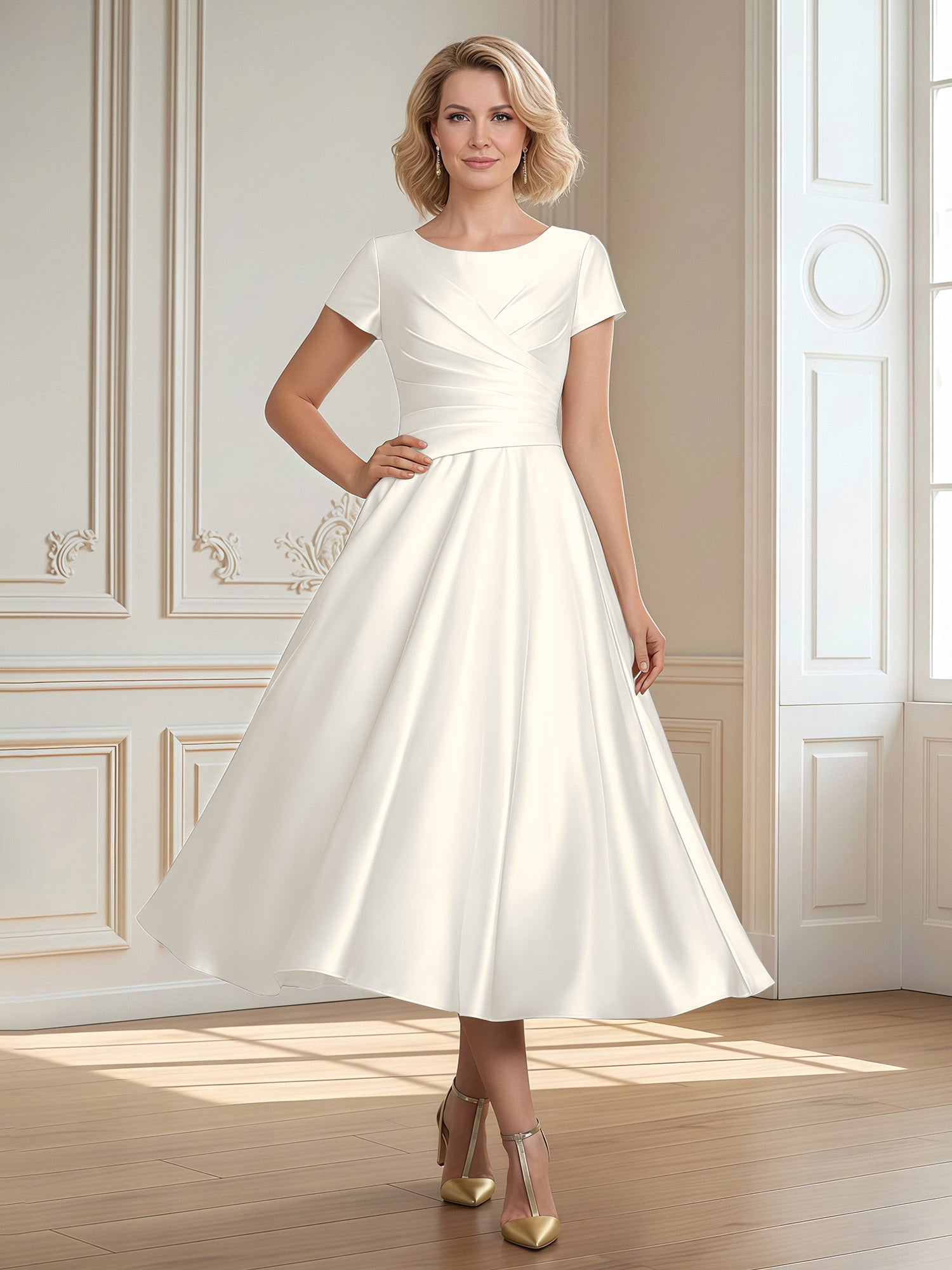 BABARONI Satin Elfenbein Brautmutterkleider A-Linie Schaufel Kurz ...