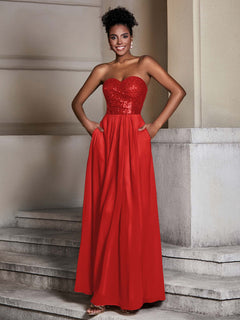 Trägerloses Pailletten Spitzen-Oben Chiffon Kleid mit Herz-Ausschnitt Rot Übergröße
