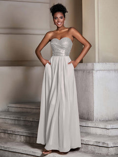 Trägerloses Pailletten Spitzen-Oben Chiffon Kleid mit Herz-Ausschnitt Silber