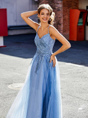 A-Linie Offener Rücken Tüll Kleid Staubiges Blau Übergröße