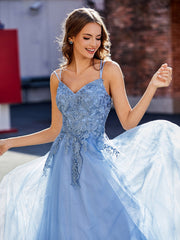 A-Linie Offener Rücken Tüll Kleid Staubiges Blau