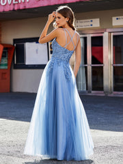 A-Linie Offener Rücken Tüll Kleid Staubiges Blau