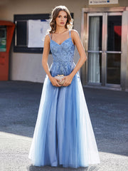 A-Linie Offener Rücken Tüll Kleid Staubiges Blau