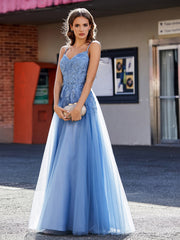 A-Linie Offener Rücken Tüll Kleid Staubiges Blau