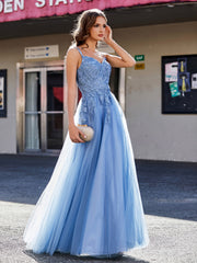 A-Linie Offener Rücken Tüll Kleid Staubiges Blau