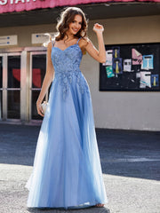 A-Linie Offener Rücken Tüll Kleid Staubiges Blau