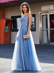A-Linie Offener Rücken Tüll Kleid Staubiges Blau Übergröße