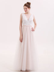 V-Ausschnitt Spitze Mieder Lang Kleid mit Tüll Rock Champagner