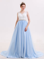 Spitze Mieder Tüll Rock Brautkleid mit Schärpen Himmelblau