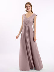 Spitze und Chiffon Kleid mit Flügelärmeln und V-Ausschnitt Vintage Mauve