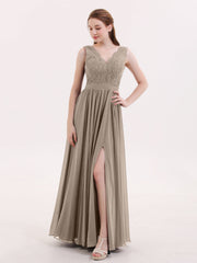 Spitze und Chiffon Sexy Kleid mit Schlitz Taupe