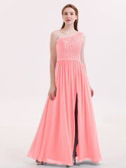 Eine Schulter Chiffon und Spitze Kleid mit Schlitz Flamingo