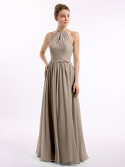 Lange Halfter Chiffon-Kleider mit offenem Rücken Taupe
