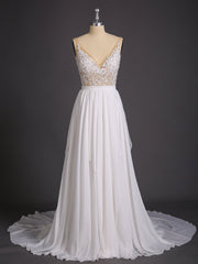 V-Ausschnitt Chiffon Brautkleid mit Perlen Champagner