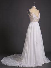 V-Ausschnitt Chiffon Brautkleid mit Perlen Champagner