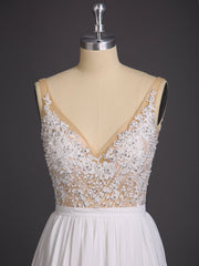 V-Ausschnitt Chiffon Brautkleid mit Perlen Champagner