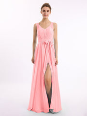 V-Ausschnitt Chiffon Bowknot Kleid mit Schlitz Koralle