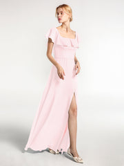 Langes Chiffon-Kleid mit Quadratischem Ausschnitt und Schlitz Vorne Zartrosa