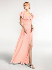 Langes Chiffon-Kleid mit Quadratischem Ausschnitt und Schlitz Vorne Koralle