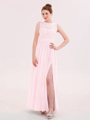 Illusin Neck Spitze und Chiffon Kleid mit Schlitz Zartrosa