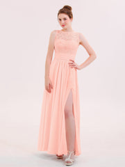 Illusin Neck Spitze und Chiffon Kleid mit Schlitz Koralle