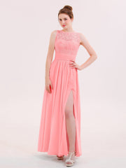Illusin Neck Spitze und Chiffon Kleid mit Schlitz Flamingo