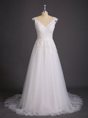 Offener Rücken Tüll Brautkleid mit Capped Ärmels Elfenbein