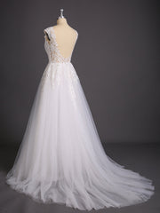 Offener Rücken Tüll Brautkleid mit Capped Ärmels Elfenbein