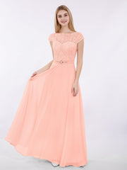 Capped Ärmels Chiffon Kleid mit Schärpen Koralle