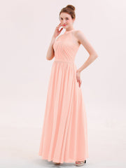Neckholder Chiffon lange Brautjungfernkleid mit Gürtel Koralle