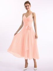 Spaghetti Träger T-Länge Kleid mit Bowknot Koralle