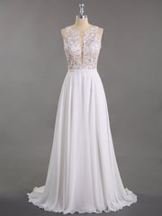 Spitze und Chiffon Brautkleid mit Perlen Weiß
