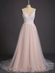 Spaghettiträger V-Ausschnitt Brautkleid mit Schleppe Weiß