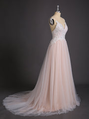 Spaghettiträger V-Ausschnitt Brautkleid mit Schleppe Weiß