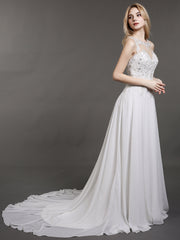 Illusion Ausschnitt Chiffon mit Perlenstickerei Brautkleid Champagner