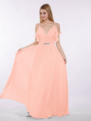 Spaghettiträger Chiffon Kleid mit V-Ausschnitt Koralle