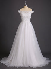 Off-The-Schulter Spitze und Tüll Brautkleid Champagner