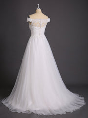 Off-The-Schulter Spitze und Tüll Brautkleid Champagner