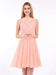 Illusion Ausschnitt Chiffon und Spitze Kleid Koralle