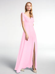 Langes Chiffon Kleid mit Flachen Schleifenträgern und Schlitz Vorne Bonbonrosa
